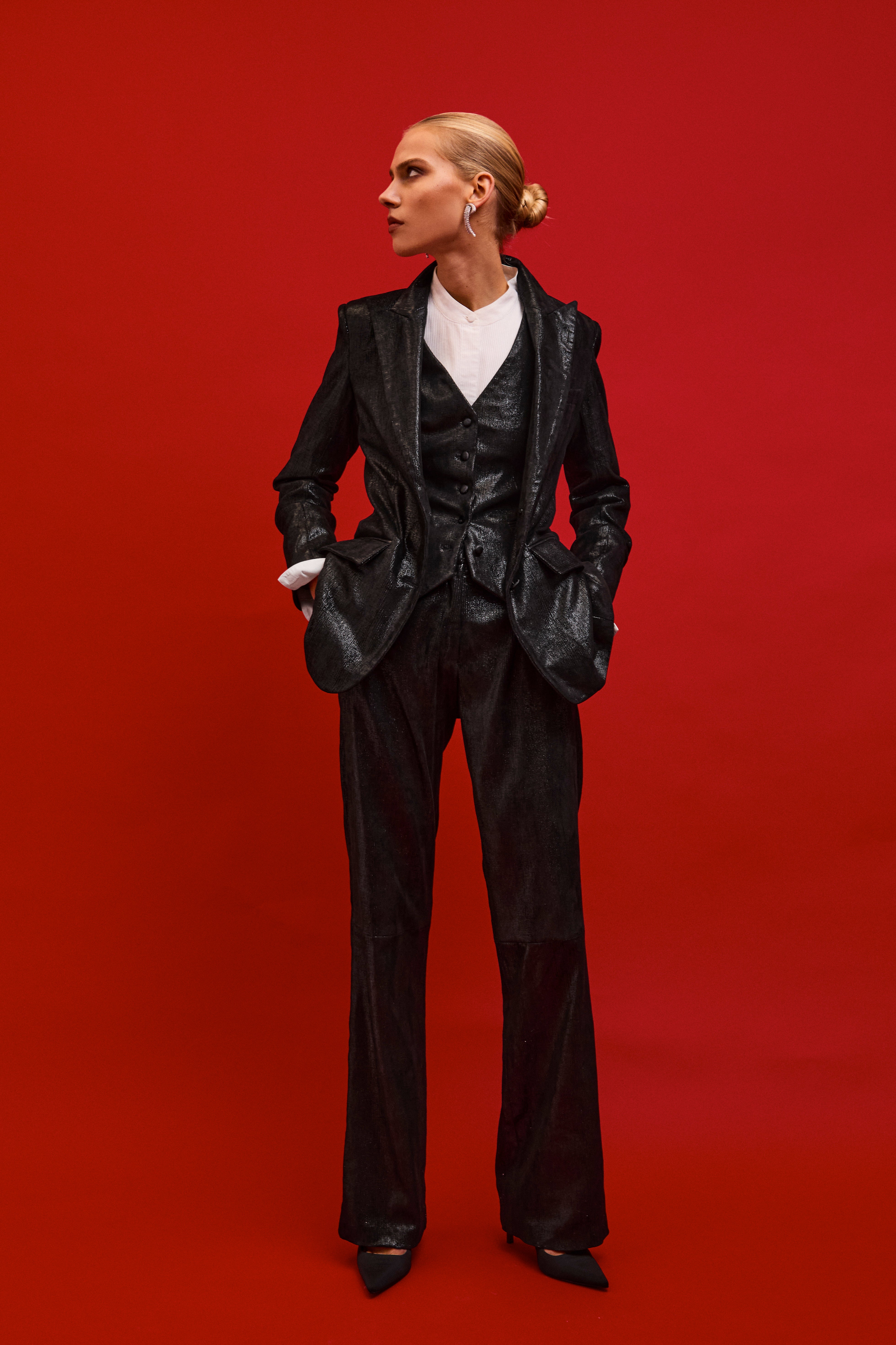 ANGELATUX BLACK SHINE LEATHER BLAZER