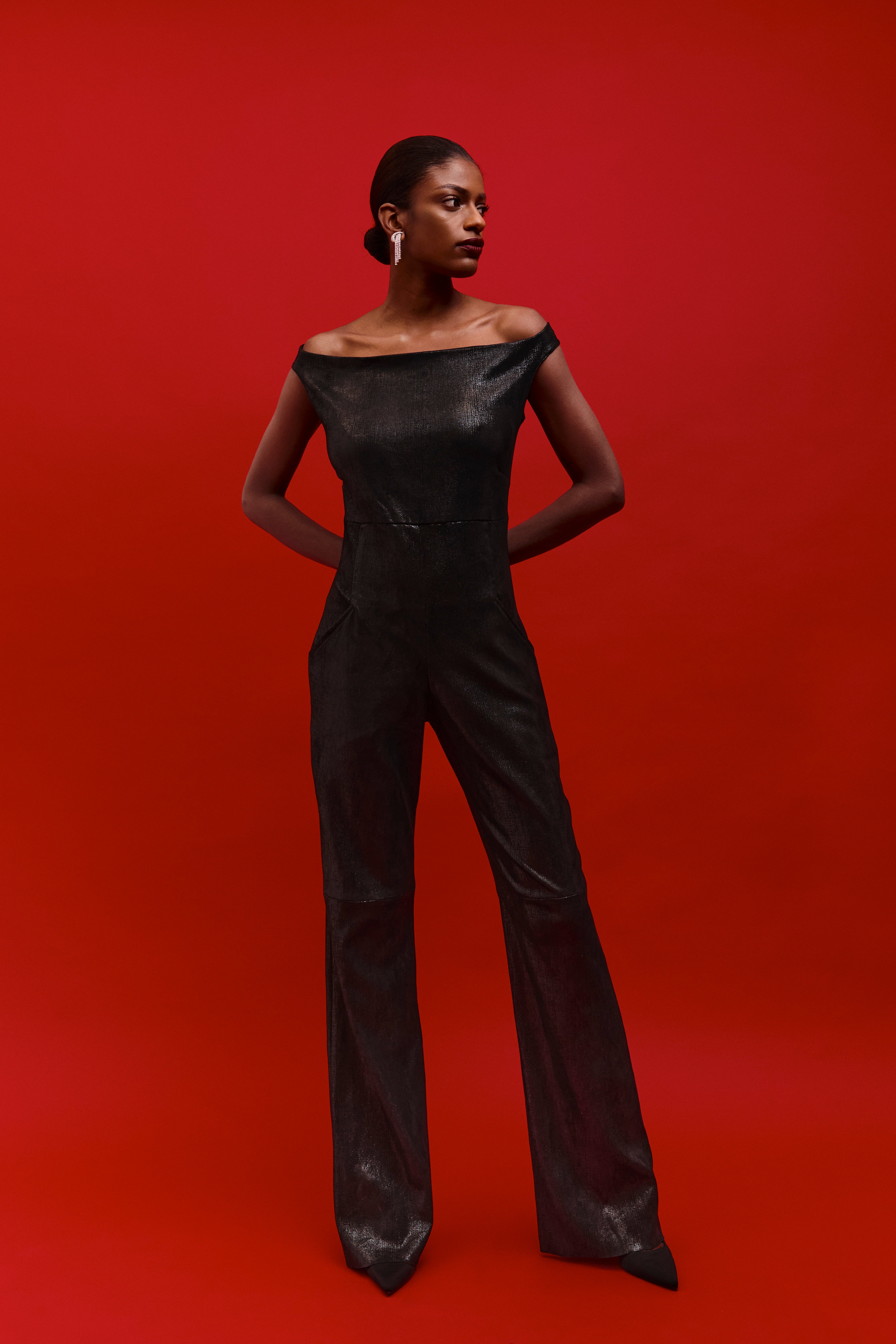 OLIVIA BLACK SHINE LEATHER JUMPSUITE